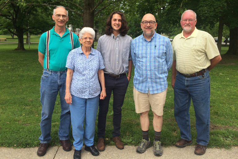 The volunteers who completed Oldenburg, Indiana's greenhouse gas inventory; from left: Volunteers Steve Kristoff, Claire Whalen, Zack Blomer, and Michael Cambron, along with Town Manager Dennis Moeller