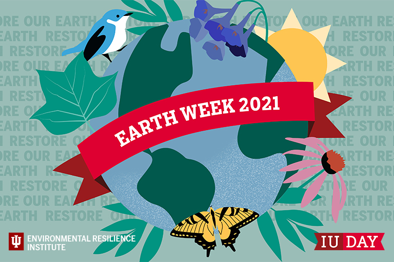 The text Earth Week 2021 over the Earth with native flora and fauna surrounding it