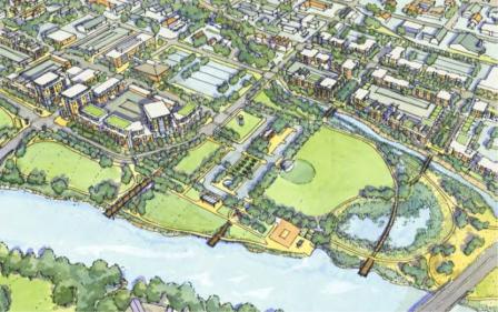 a rendered map of the Iowa City riverfront